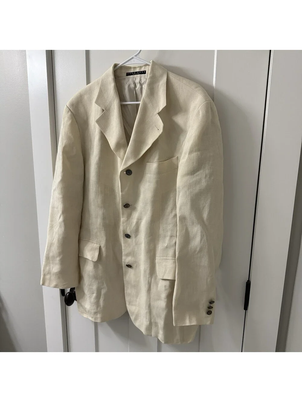 Vintage Hugo Boss Linen Blazer 40R Made Italy Cream Banco Peru Crest Buttons